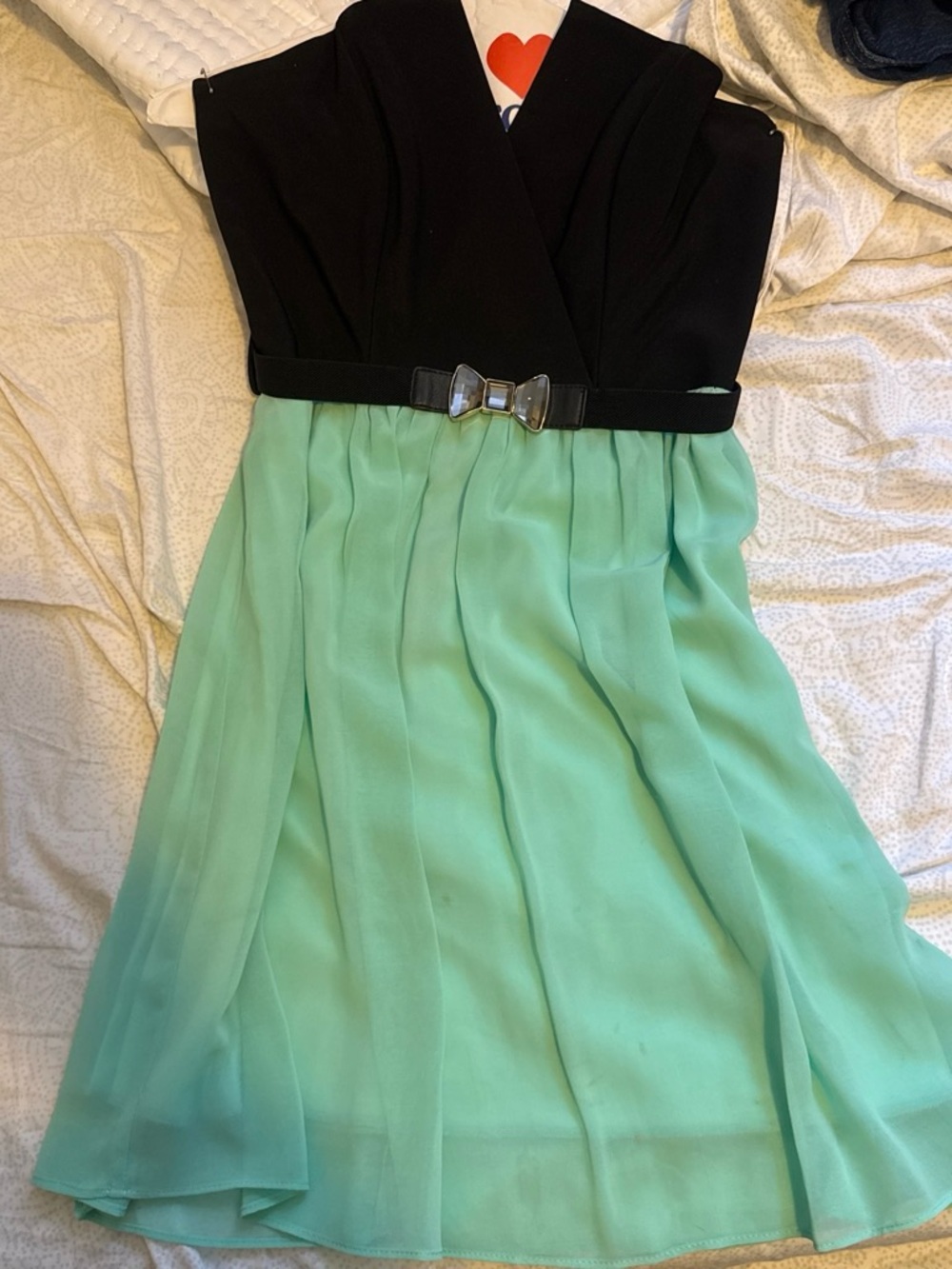 Mystic Structured Black Top with Mint Green Pleated Skirt Dress, removable belt